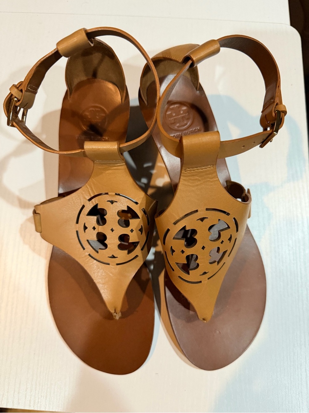Tory Burch Cognac Leather Cutout Toe-Post Sandals